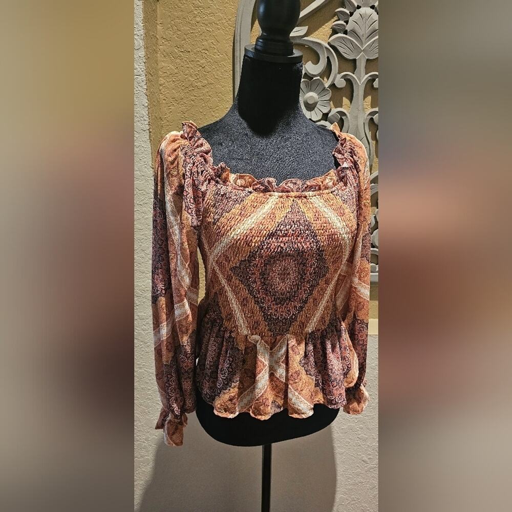 Flying Tomato Med Boho Peasant Top Romantic Smocked Paisley Peplum Western Fall